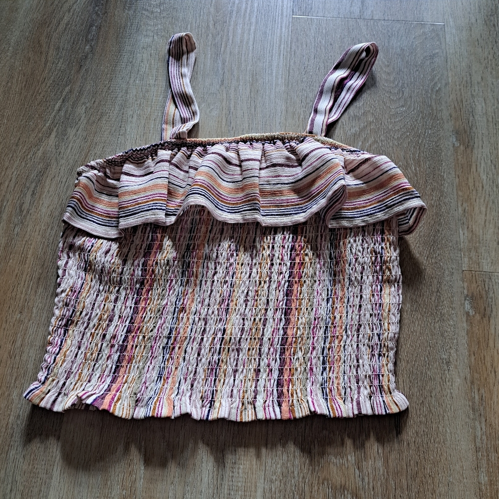 Live To Be Spoiled Smock Ruffle Multicolored Striped Crop Top Women's Small